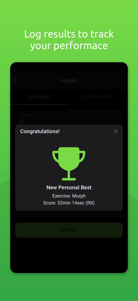 Octiv fitness app interface showing a congratulations message and trophy for a new personal best score.