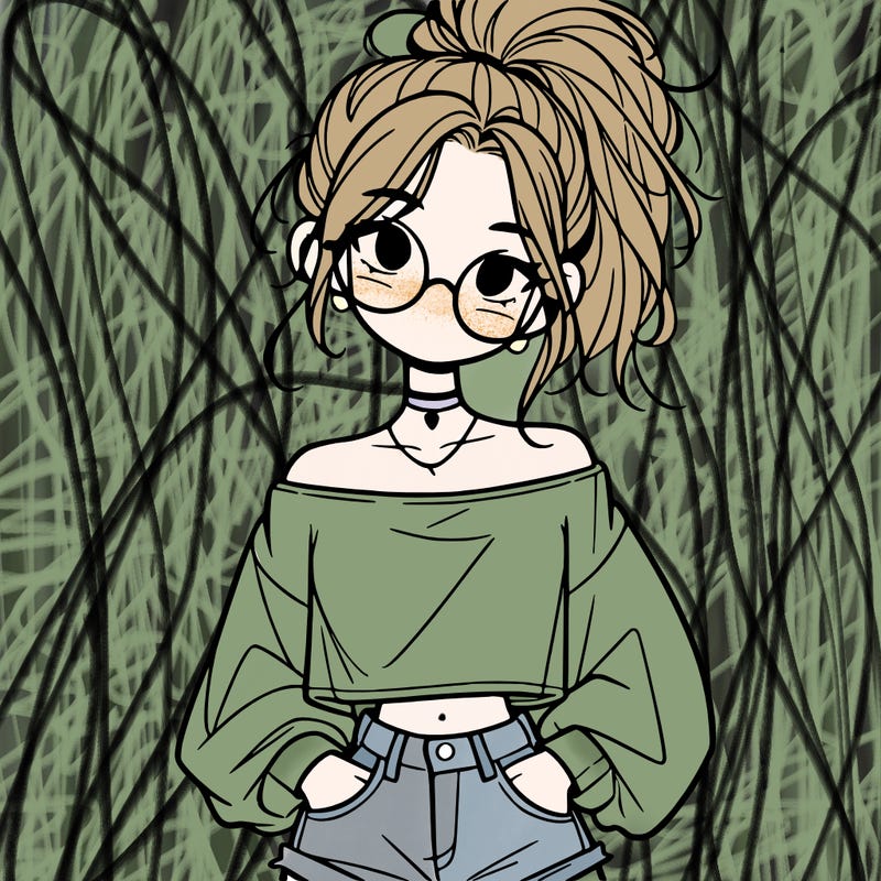 girl with a messy ponytail glasses a baggy crop top and jean shorts