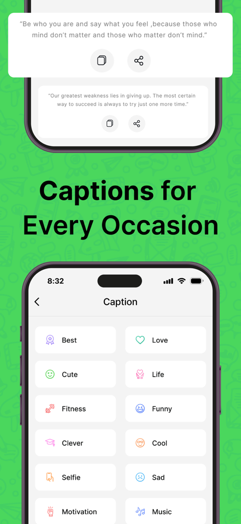 Dual Chat Web - Dual Account - Interfaz de la aplicación Dual Chat que muestra una variedad de categorías de subtítulos como Amor, Fitness y Motivación para publicaciones en redes sociales