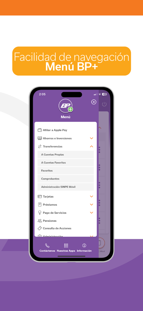Navigation menu of the Banca Movil BPDC mobile app showing various banking options like transfers and payments