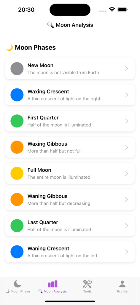 Moon-Lunar Calendar,Moon Phase - Detailed list of lunar phases with brief descriptions in the Moon app