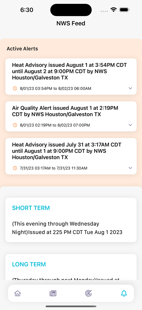 Feed di avvisi del National Weather Service per Houston e Galveston sull'app mobile Space City Weather.