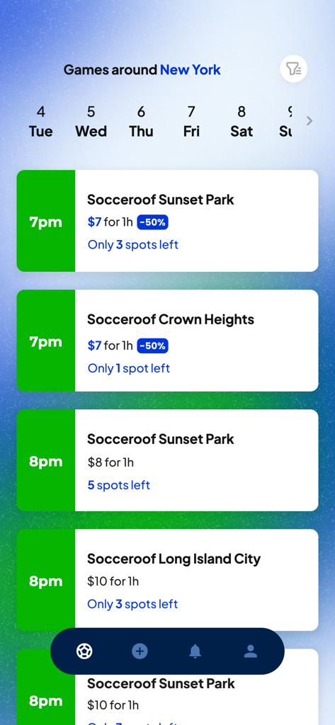 Poteau - Poteau mobile app displaying a list of available soccer games in New York City