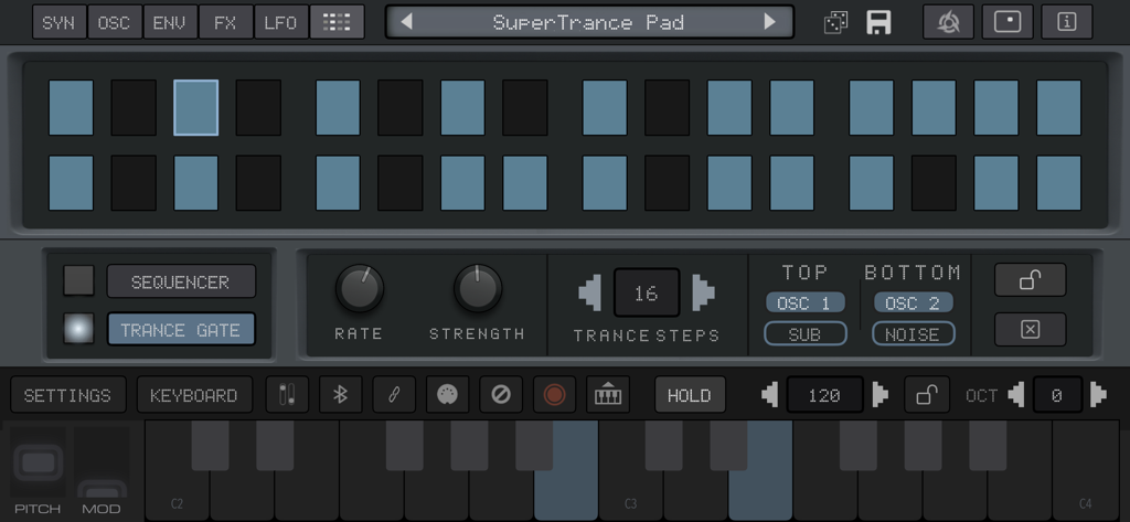 VIRAL Synth T2x mobile app interface showing the trance gate and step sequencer settings