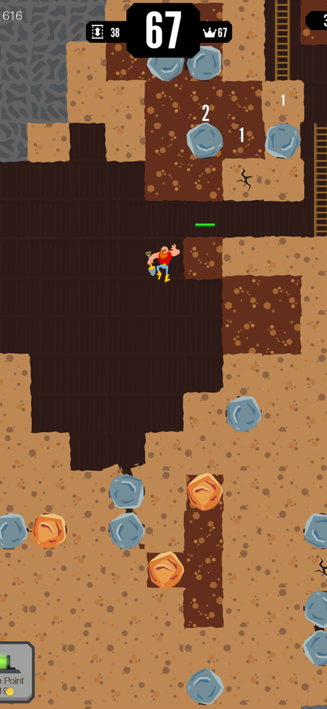 A miner character digging through underground soil and rocks in Gold Digger FRVR