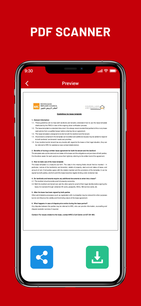 Una vista previa de un contrato de alquiler escaneado en la aplicación Create PDF Camera Scanner