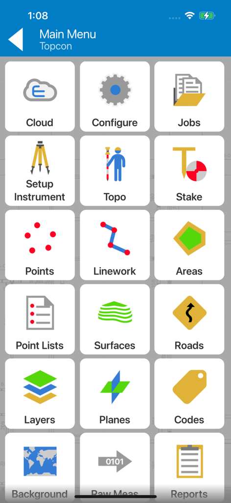 Topcon Field Mobile - Topcon Field Mobile main menu with various professional surveying tool icons