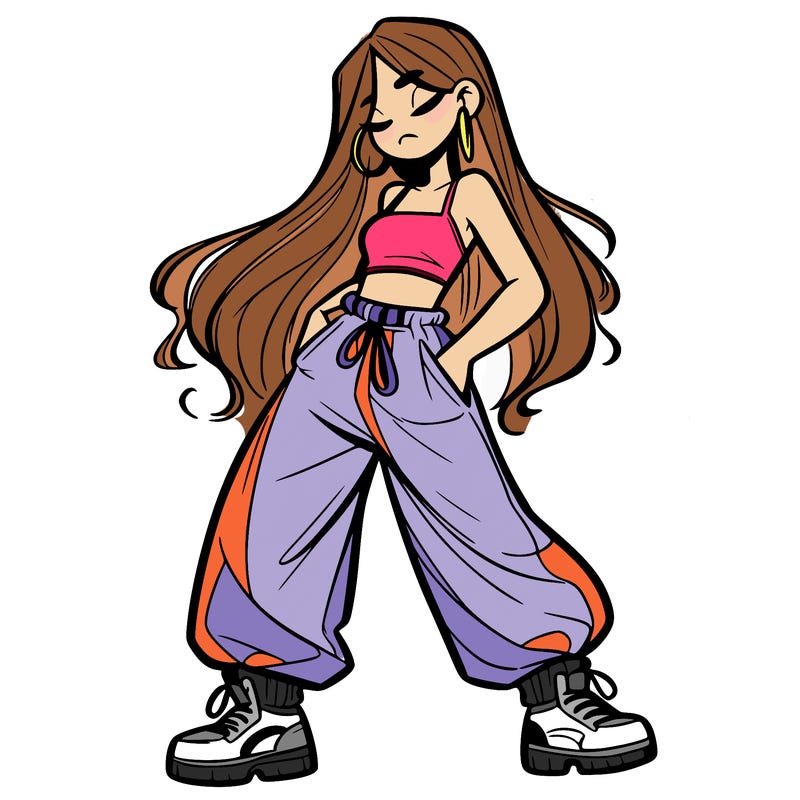 girl in baggy pants crop top and long hair