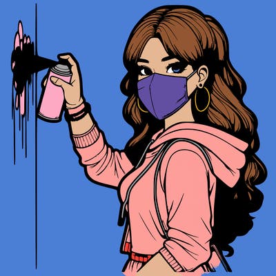 realistic girl with mask spray painting a wall