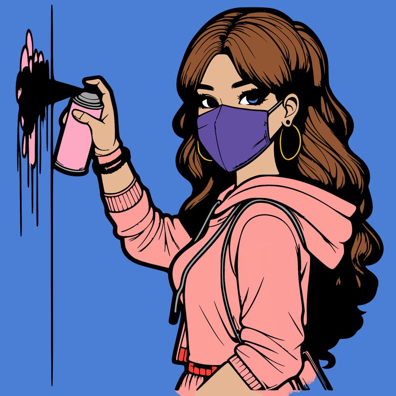 realistic girl with mask spray painting a wall