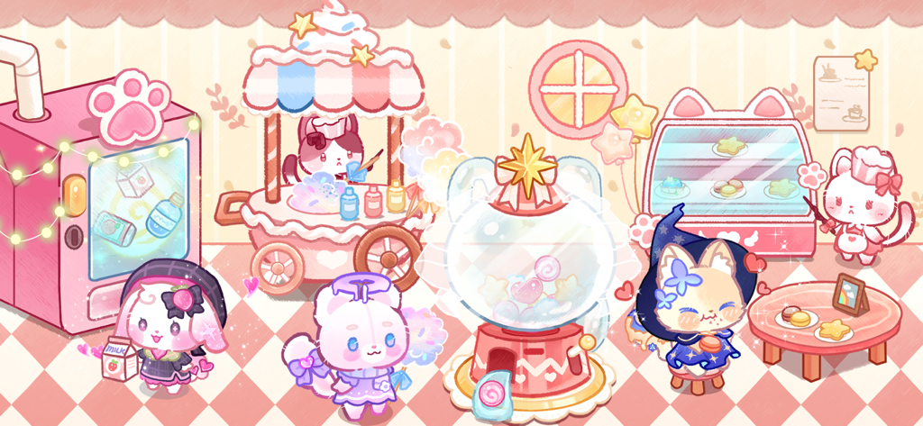 Gatos Kawaii en un café de postres mágico con una máquina gacha y un carrito de algodón de azúcar