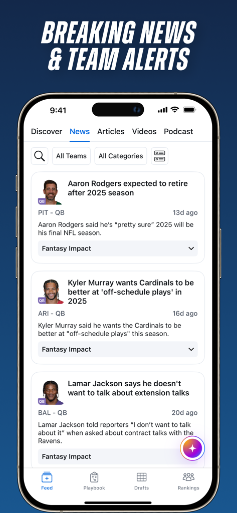 A mobile screenshot showing the FantasyPros app news feed with breaking updates on NFL players and their fantasy impact.