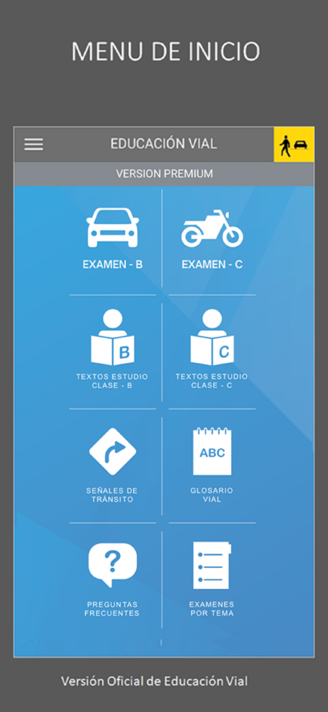 Educación Vial - Menu principale dell'app Educacion Vial che mostra le categorie di studio per l'esame di guida per le patenti cilene