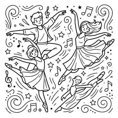 Get ready to move and groove with our captivating contemporary dancers coloring page, perfect for kids aged 4-8. This energetic scene invites young artists to bring vibrant life to graceful poses, musical notes, and swirling designs.