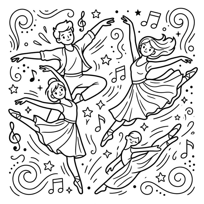 Get ready to move and groove with our captivating contemporary dancers coloring page, perfect for kids aged 4-8. This energetic scene invites young artists to bring vibrant life to graceful poses, musical notes, and swirling designs.