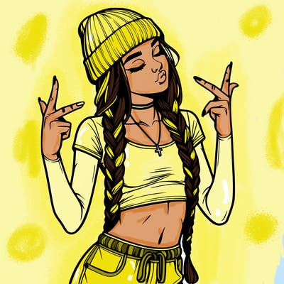 realistic teenage girl with braids and a beanie and crop top doing 🫶🏼