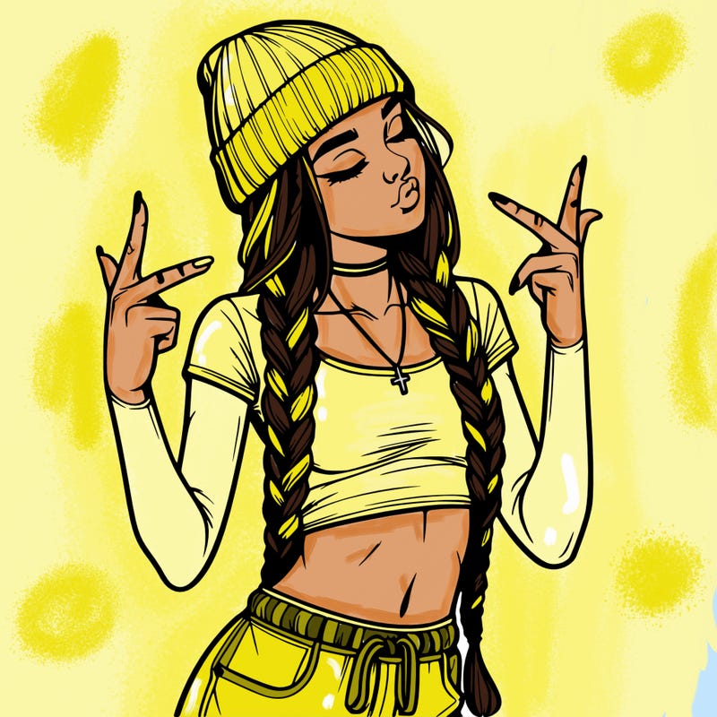 realistic teenage girl with braids and a beanie and crop top doing 🫶🏼