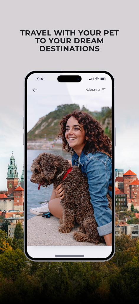 KLR Bus - tickets booking - A woman smiling with her dog in front of a European cityscape promoting pet friendly travel