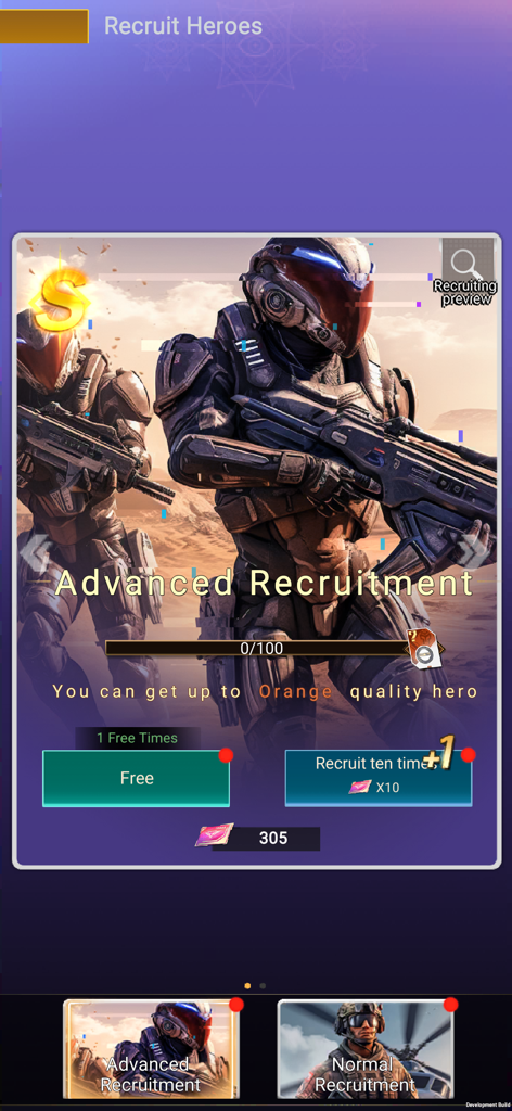 Pantalla avanzada de reclutamiento de héroes en Age of Warpath con soldados blindados futuristas.