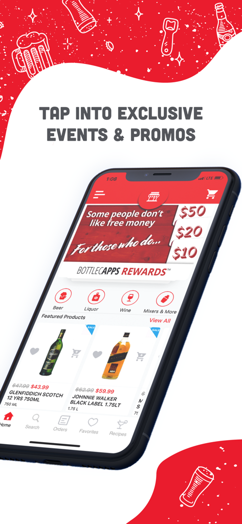 BottleRover app interface showing exclusive rewards and featured liquor sale items