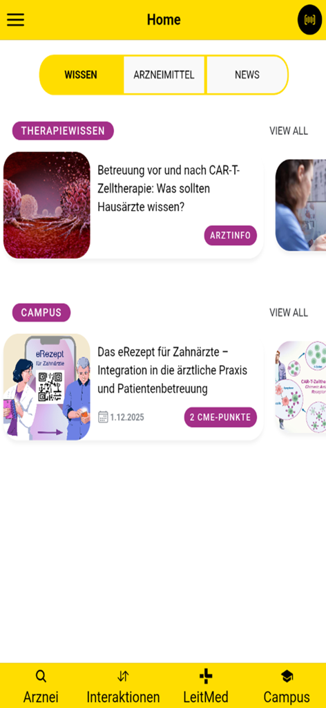 Interface of the Gelbe Liste Pharmindex medical app home screen displaying healthcare news and professional education sections.