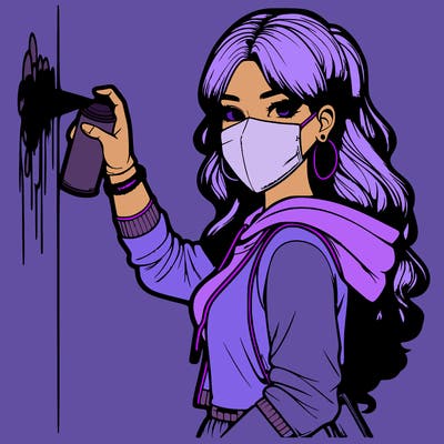 realistic girl with mask spray painting a wall