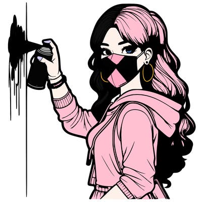 realistic girl with mask spray painting a wall