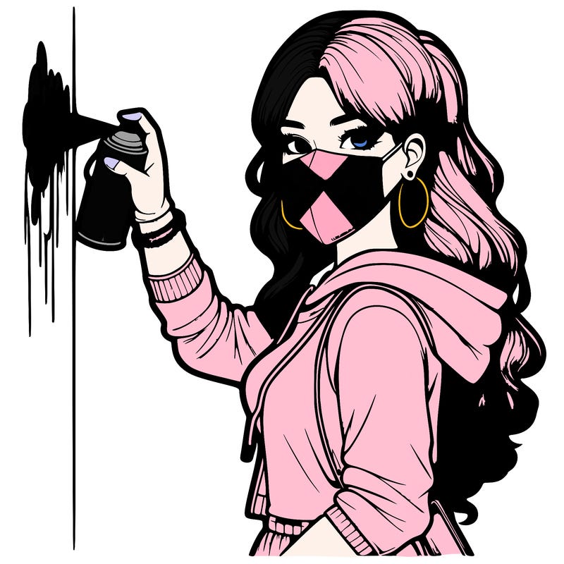 realistic girl with mask spray painting a wall