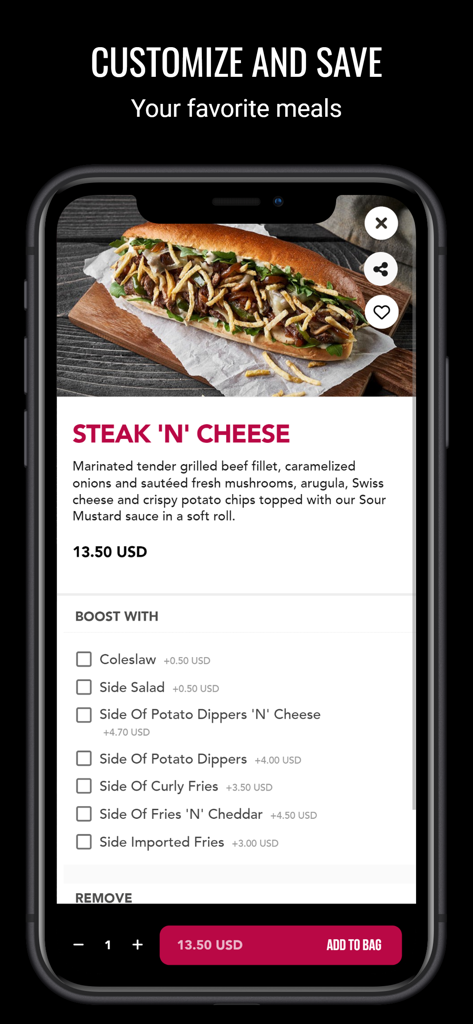 Roadster Diner - Interfaz de la aplicación móvil Roadster Diner mostrando opciones de personalización para un sándwich de carne y queso
