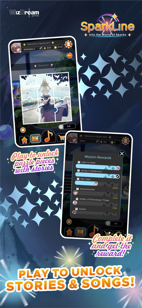 SparkLineゲームのスクリーンショット。ストーリーのパズルのピースとミッション報酬画面が表示されている