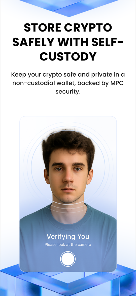 Una pantalla de aplicación móvil que muestra la verificación facial biométrica para una billetera de criptomonedas segura de autocustodia.