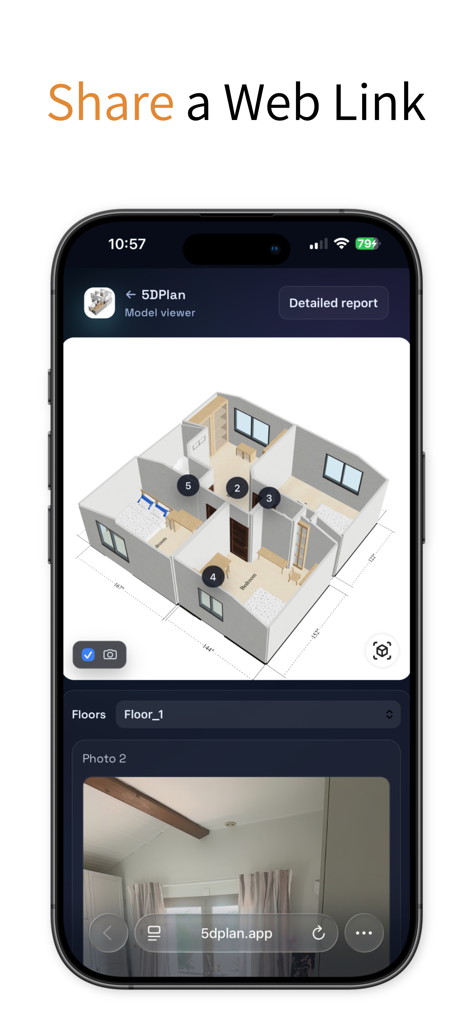 LiDAR Scanner 3D - 5DPlan - A smartphone screen displaying a 3D floor plan model with a shareable web link feature