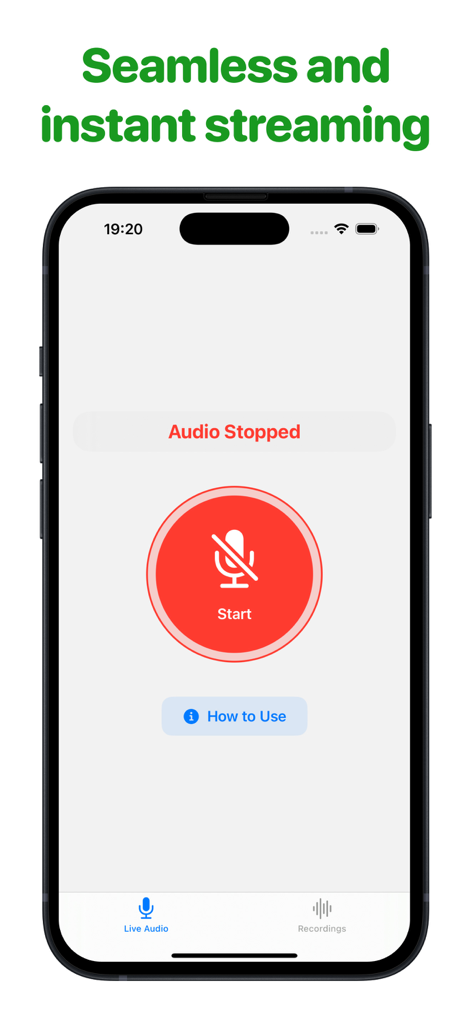 Mic to Speaker - Microphone - Mic to Speaker app interface with a large red start button for instant audio streaming