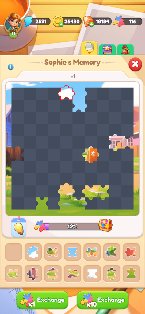 Merge Master Home Designゲームのソフィーのメモリージグソーパズル画面。