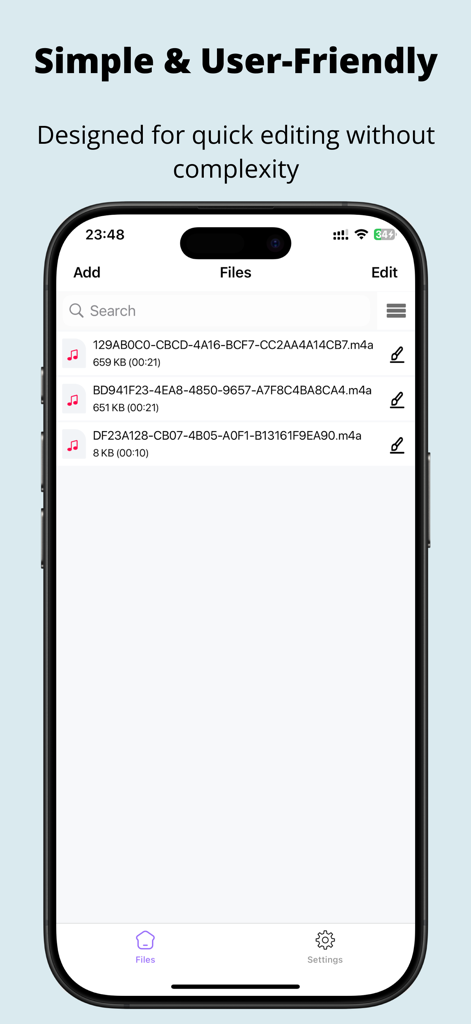 MP3 Cutter: Music Trim & Maker - 빠른 편집을 위한 오디오 파일 목록을 표시하는 간단하고 사용자 친화적인 모바일 앱 인터페이스