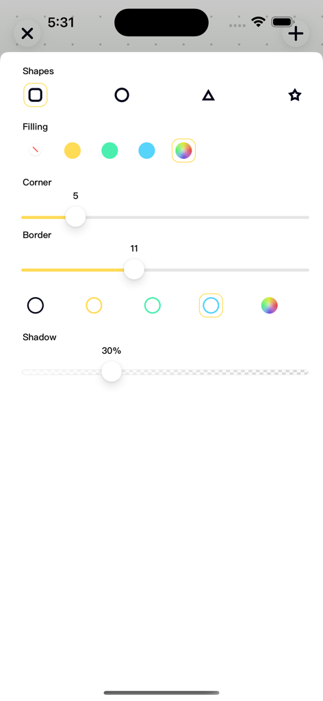 XNote-infinite boards & notes - XNoteアプリのインターフェース。図形の塗りつぶし、角の半径、境界線の太さ、影の設定で図形をカスタマイズするためのもの。