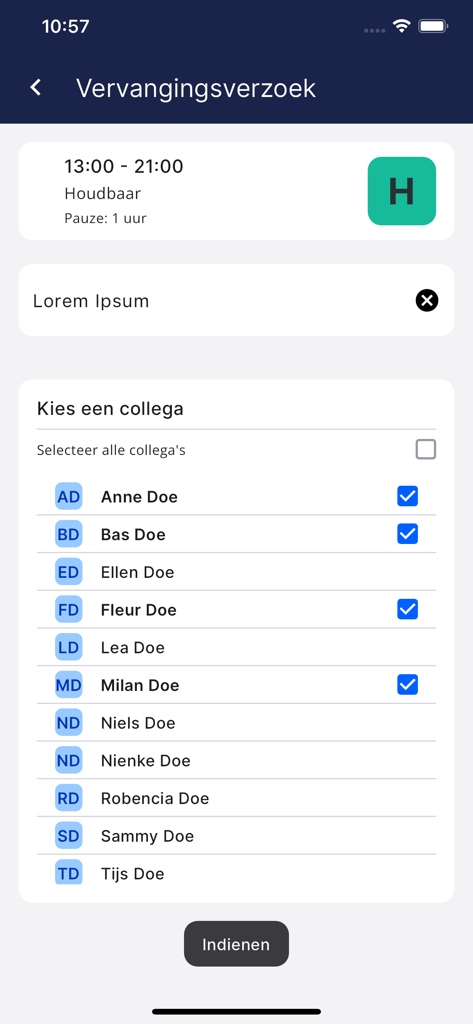 PMT - Mobile Benutzeroberfläche, die eine Liste von Kollegen zur Auswahl für einen Schichtwechselantrag in der PMT-App anzeigt