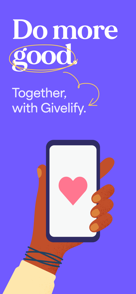 Ilustración de una mano sosteniendo un teléfono inteligente con un icono de corazón en la pantalla y la marca Givelify