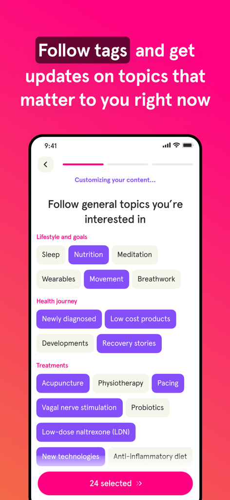 Turnto - Daily Breakthroughs - A mobile screen in the Turnto app showing selectable tags for health topics and treatments to personalize user content