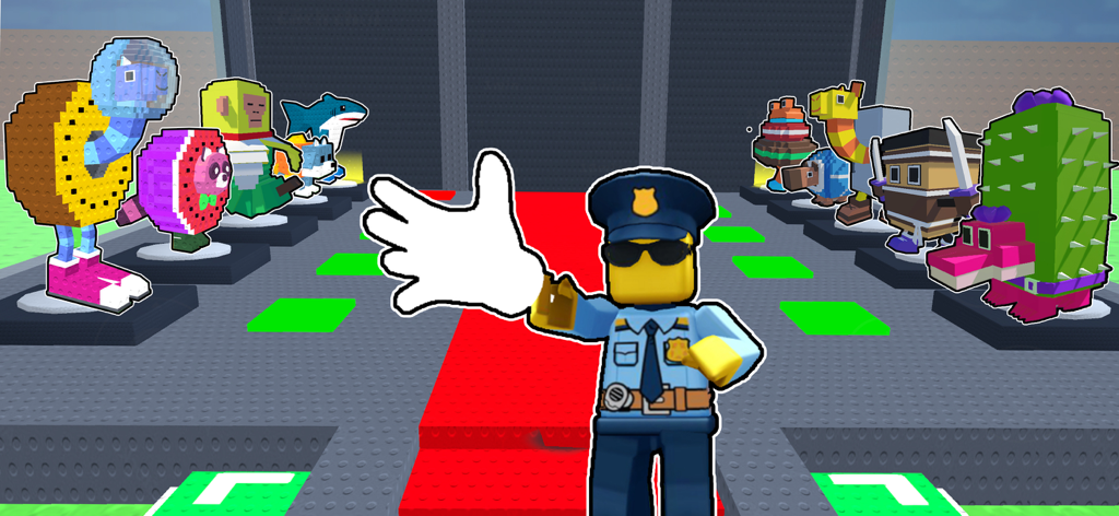 Prison Blox: Obby 3D Parkour - Un personaje de oficial de policía cuadriculado saludando frente a varias skins de avatar 3D únicas sobre pedestales