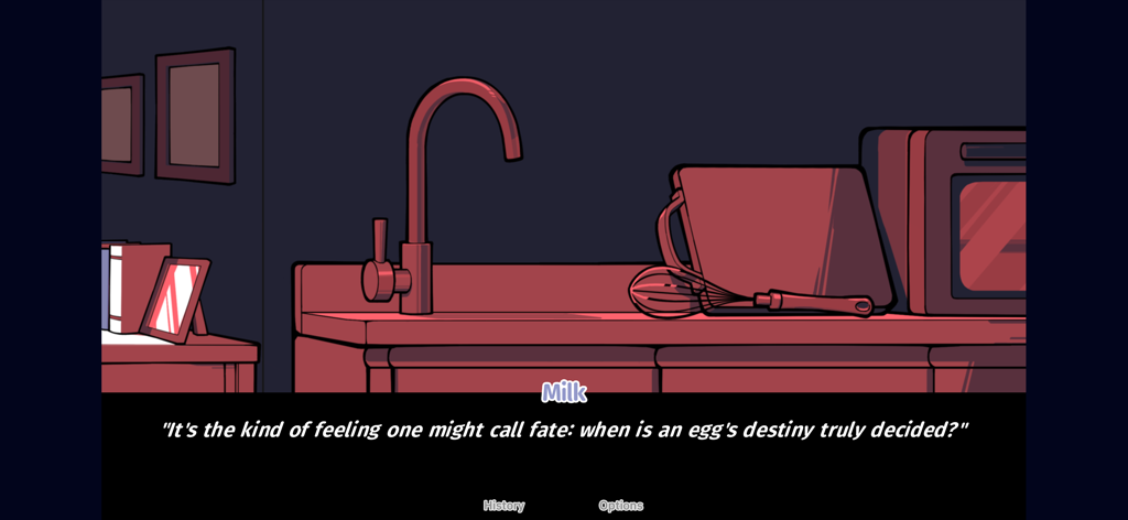 The NOexistenceN of you AND me - シュルレアリスティックな赤みがかったキッチンシーン。ゲーム「君と僕の「無」」でキャラクターのミルクによる哲学的な会話が表示されている。