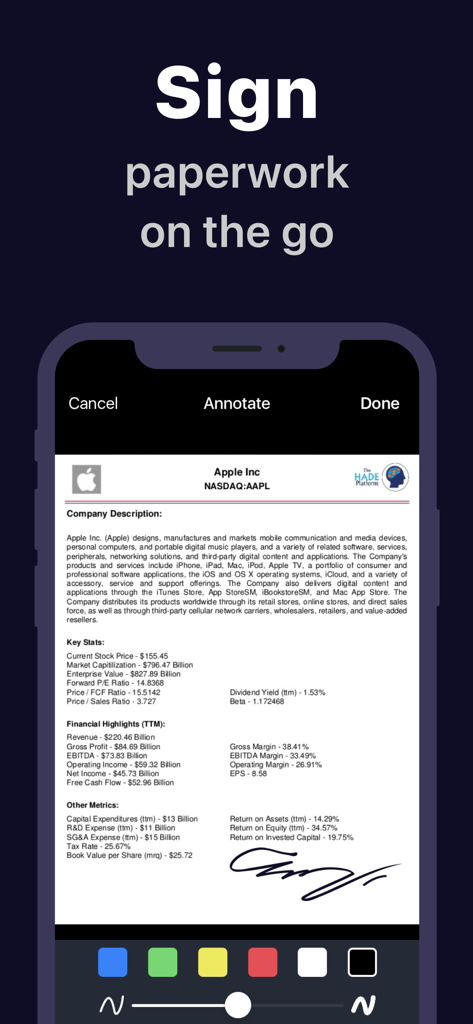 A mobile phone displaying the digital signature feature for documents in Scanner App.