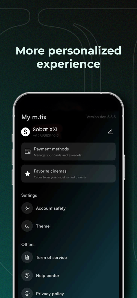 The user profile and settings screen of the mtix XXI app featuring payment methods and favorite cinemas