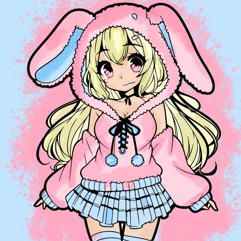 pretty anime girl wearing a fluffy hoodie with bunny ears on the hood and a skirt