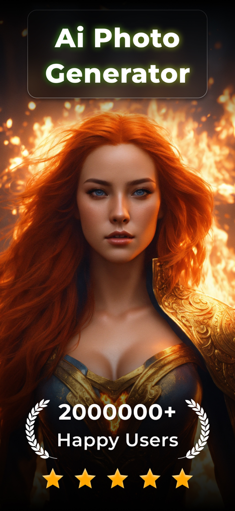 AI 생성 초현실적인 붉은 머리 여성 초상화, 금색 갑옷 착용, 불 배경