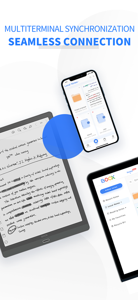 BOOX Assistant - BOOX Assistant app interface showing seamless note synchronization between an E-Ink tablet, a smartphone, and a tablet.