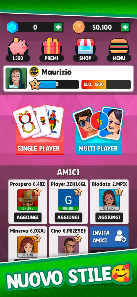 Rubamazzo Più - Card Games - Main menu screen of the Rubamazzo Piu card game app showing single player and multiplayer modes with a friends list
