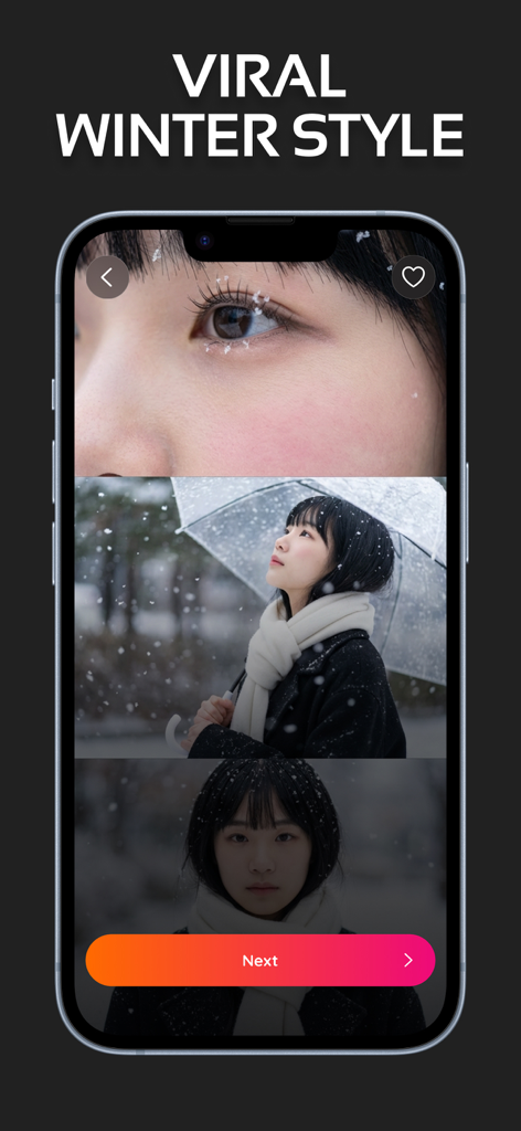 AI Baby Dance Video: shain - Captura de pantalla de la aplicación Shain mostrando retratos IA virales de estilo invernal de una mujer en la nieve