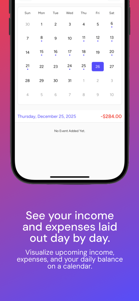 Cash Flow Calendar App - A mobile interface of the Cash Flow Calendar app showing daily income and expenses on a calendar view