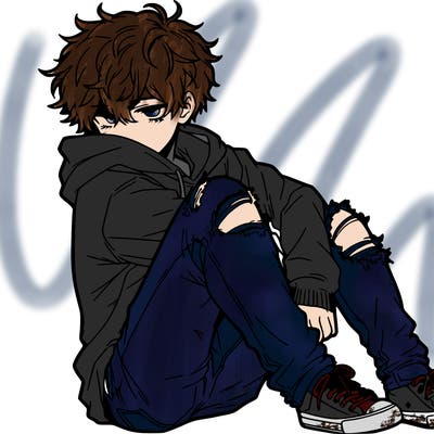 a male hoddie ripped jeans messy hair anime